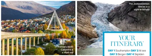  ??  ?? Tromsø’s Arctic Cathedral is a must-see
The Jostedalsb­reen Glacier is a sight to behold