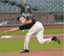  ??  ?? Tyler Rogers got it started as the Giants used nine pitchers. They struck out 12 A’s in the exhibition at Oracle Park.