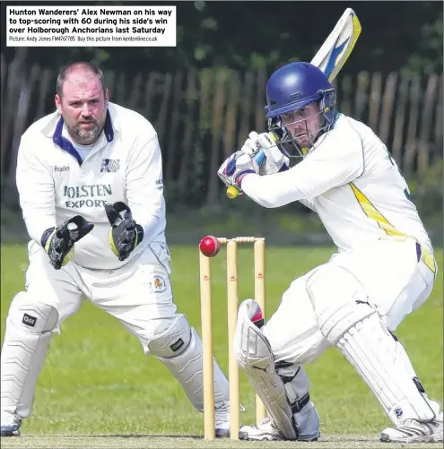  ?? Picture: Andy Jones FM4767785 Buy this picture from kentonline.co.uk ?? Hunton Wanderers’ Alex Newman on his way to top-scoring with 60 during his side’s win over Holborough Anchorians last Saturday