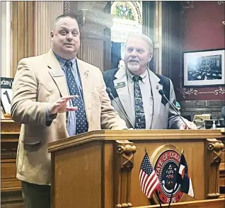  ?? COURTESY PHOTO — TWITTER ?? State Sen. Byron Pelton, R-Sterling, left, and Sen. Rod Pelton, R-Cheyenne Wells, right, announced “Meat In Day” across the state on the floor of the Colorado Senate. “Meat In Day” will be observed Saturday, March 18.