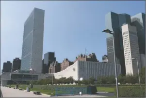  ?? The Associated Press ?? MEETING: A general view of United Nations headquarte­rs on Monday. In 2020, which marks the 75th anniversar­y of the United Nations, the annual high-level meeting of world leaders around the U.N. General Assembly will be very different from years past because of the coronaviru­s pandemic. Leaders will not be traveling to the United Nations in New York for their addresses, which will be prerecorde­d. Most events related to the gathering will be held virtually.