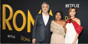  ??  ?? Director Cuaron, Aparicio and Marina de Tavira attend the Netflix ‘Roma’ premiere recently in Hollywood, California. — AFP file photo