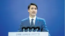  ?? SEAN KILPATRICK/THE CANADIAN PRESS ?? Prime Minister Justin Trudeau delivers a speech at the Fortune Global Forum in Guangzhou, China, on Wednesday.