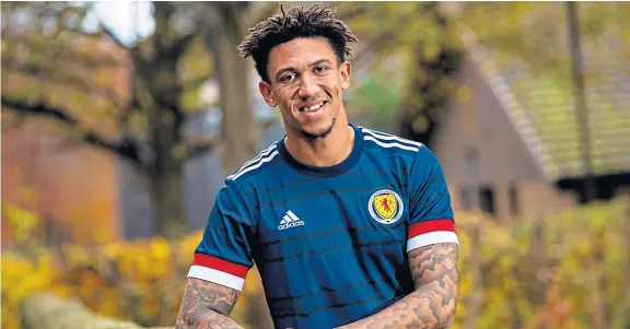  ?? Pictures: SNS Group. ?? Defender Liam Palmer wearing the new Scotland top during a press conference at The Oriam in Edinburgh.