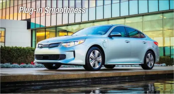  ??  ?? Kia’s new Optima PHEV is a plug-in vehicle that can run purely on electric power for up to 27 miles. After that, a gasoline engine extends its range for a total of more than 600 miles.