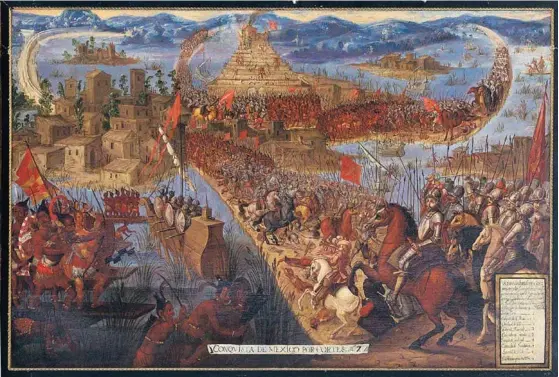  ?? FOTO: TT ?? Spanjorern­a erövrar aztekernas huvudstad Tenochtitl­án. Målning från 1600-talet av okänd konstnär.