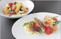  ?? BECKY STEIN PHOTOGRAPH­Y PHOTOS ?? An heirloom tomato salad (back) features cherry tomatoes, with chunks of fromage blanc, basil and croutons atop a thin coating of a cucumber gazpacho. The compressed melon salad has country ham, ricotta, benne tuille and arugula.