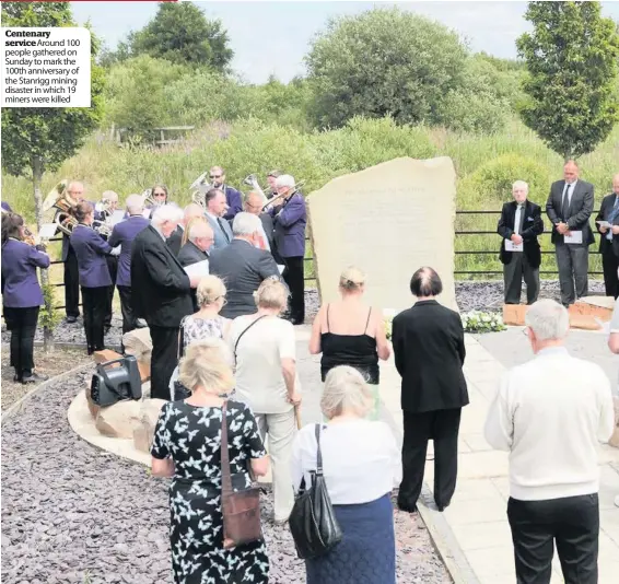  ??  ?? Centenary service Around 100 people gathered on Sunday to mark the 100th anniversar­y of the Stanrigg mining disaster in which 19 miners were killed