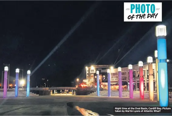  ??  ?? Night time at the Oval Basin, Cardiff Bay. Picture taken by Martin Lyons of Atlantic Wharf