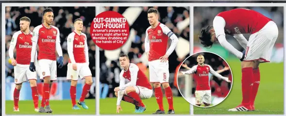  ??  ?? OUT-GUNNED OUT-FOUGHT Arsenal’s players are a sorry sight after the Wembley drubbing at the hands of City