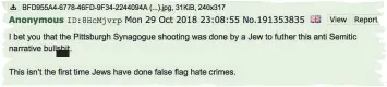  ??  ?? HIDING ONLINE Anonymous British racist’s comment on 4chan about the US synagogue massacre