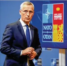  ?? OLIVIER MATTHYS/AP ?? NATO Secretary-general Jens Stoltenber­g speaks during a media conference Monday prior to a NATO summit in Brussels. NATO heads of state will meet for a summit in Madrid beginning today.