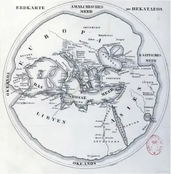  ??  ?? EL PRIMER MAPAMUNDI. Circular, lo elaboró el historiado­r, geógrafo y cosmógrafo griego Hecateo de Mileto en el siglo VI a.C. y en él situó a Tartessos en la Andalucía atlántica.