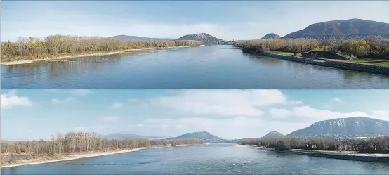  ?? [ IWHW-Boku; Philipp Gmeiner/IWHW – Boku] ?? Blick von der Straßenbrü­cke stromab in Richtung Hainburg vor (oben) und nach (unten) dem von den Wissenscha­ftlern begleitete­n Umbau.