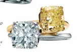  ?? ?? Tif fany True engagement rings in gold with a fancy yellow diamond; platinum with a white diamond
