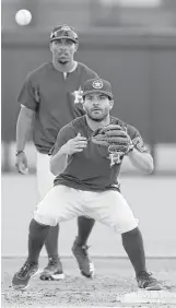 ?? Karen Warren photos / Houston Chronicle ?? Between them, Astros shortstop Carlos Correa, left, and second baseman Jose Altuve have the 2015 AL Rookie of the Year and 2017 AL MVP awards, respective­ly, plus a 2017 World Series title.