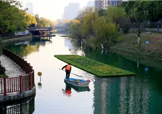  ??  ?? Le 19 décembre 2017, une île flottante écologique purifie l’eau de la rivière Tangxi de la ville de Hefei (province de l’Anhui), contribuan­t ainsi à embellir le paysage.