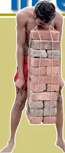  ??  ?? Built strong: A man carries 26 bricks with teeth while another participan­t uses his dentures to pull a tractor