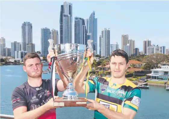  ?? Picture: GLENN HAMPSON ?? Colleges skipper Troy Hobbs and Surfers Paradise’s Andy Finn with the premiershi­p trophy they will chase today.