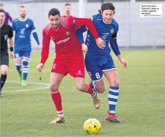  ?? PHOTO: MONTIMAGE ?? Hat-trick hero Duncan Culley in action against Hertford