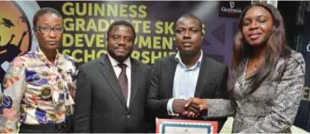  ??  ?? L-R: Bola Olajomi-Otubu, Human Resources Director, Guinness Nigeria Plc (GN Plc); Ahmed Bolaji Nagode, Acting Director-General, National Power Training Institute of Nigeria (NAPTIN); Owolabi Babatunde Adeoye, beneficiar­y of the Guinness Graduate Skills...