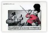  ??  ?? ■ Comic German postcards of the period poked fun at the ability and fighting spirit of the British soldier, even showing a German soldier frightenin­g a Guardsman with a beer stein.
