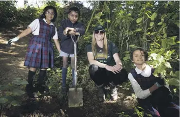  ?? KELLY HODEL/WAIKATO TIMES ?? Serah Aji (left), Thomas Jose, Aimee Nooyen (council community restoratio­n adviser) and Carmen Fernandez-Richie ready to plant makomako and rangiora trees in the gully next to Marian Catholic School.