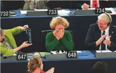  ?? AFP ?? Member of European Parliament Judith Sargentini (centre) reacts after the vote on the situation in Hungary at the European Parliament in Strasbourg, France, yesterday.