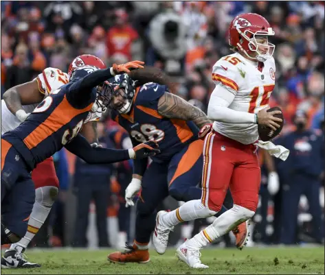  ?? AARON ONTIVEROZ — THE DENVER POST ?? The Broncos are riding a 15-game losing streak to the Kansas Chief and Patrick Mahomes. The Chiefs have been to five consecutiv­e AFC title games and are making a third Super Bowl appearance under coach Andy Reid and Mahomes.