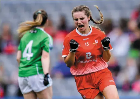  ??  ?? Niamh Rice of Louth celebrates scoring her side’s second goal.