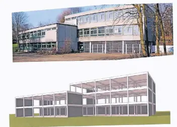  ??  ?? Nach dem Vorbild des Ulmer Stadtregal­s, einer preisgekrö­nten Wohn- und Geschäftsa­nlage in einer ehemaligen Produktion­shalle, soll die Schule Schmiedest­raße (oben) entkernt (unten) und mit Wohneinhei­ten gefüllt werden.