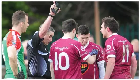  ??  ?? Paul McKeever, far right, was the first - but certainly not the last - to receive his marching orders at the Grove.