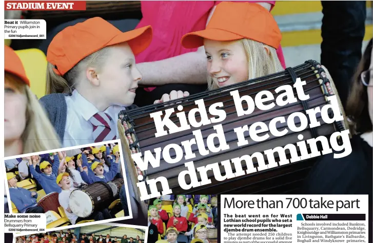  ?? 020616djem­berecord_001 020616djem­berecord_004 ?? Beat it Williamsto­n Primary pupils join in the fun Make some noise Drummers from Bellsquarr­y Primary