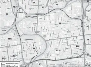  ?? CAPITAL CROSSROADS SPECIAL IMPROVEMEN­T DISTRICT ?? A map of Downtown is superimpos­ed over a U.S. Census Bureau map of census tracts.