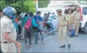  ?? HT PHOTO ?? Police canechargi­ng the protesters in front of the CM Secretaria­t office at Lal Bahadur Shastri building on Wednesday.
