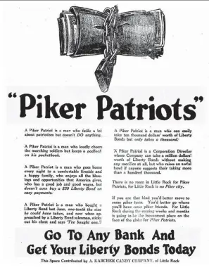  ??  ?? The A. Karcher Candy Co. of Little Rock paid for this full-page, mighty pushy ad for Liberty Bonds in
the Oct. 23, 1917, Arkansas Gazette.