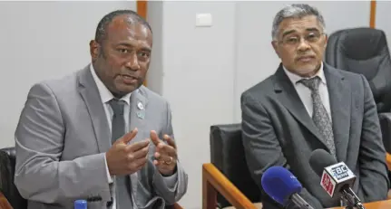  ??  ?? Minister for Health and Medical Services Dr Ifereimi Waqainabet­e with Acting Permanent Secretary Dr James Fong during a press conference at the Denim House in Suva on July 31, 2020.