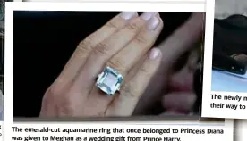  ?? Photo: Steve Parsons/AP ?? The emerald-cut aquamarine ring that once belonged to Princess ess Diana was given to Meghan as a wedding gift from Prince Harry.