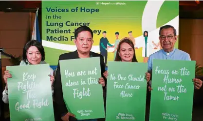  ??  ?? Hope From Within ambassador and broadcast journalist Diego Castro (second from left) with Stage 4 lung cancer patient Tetit Melendres-aristan, Dr. Meredith Garcia and Stage 2 lung cancer patient Fr. Jerry Orbos