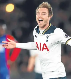  ?? Getty Images. Picture: ?? Christian Eriksen celebrates his late winner for Spurs at Selhurst Park.