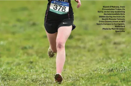  ??  ?? Niamh O’Mahony, from Presentati­on Tralee, Co Kerry, on her way to winning the Intermedia­te Girls 3000m during the Irish Life Health Munster Schools Cross Country event at WIT Sports Campus in Carrignore, Waterford Photo by Matt Browne / Sportsfile