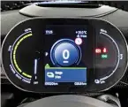  ??  ?? INNER VISION Yellow detailing appears in the cabin, while digital display replaces convention­al car’s rev counter. Filler flap opens to reveal Type 2 and CCS charging capability