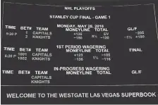  ??  ?? The betting line for Game 1 of the Stanley Cup final has the Vegas Golden Knights favoured over the Washington Capitals at the Race and Sports SuperBook at the Westgate Las Vegas Resort and Casino.