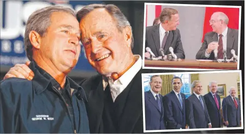  ?? Pictures: GETTY, AFP, AP ?? VALE: Former President George HW Bush with his son George W. Bush; and (inset) with Mikhail Gorbachev in 1991, and with Presidente­lect Barack Obama, President George W. Bush, former presidents Bill Clinton and Jimmy Carter in 2009.