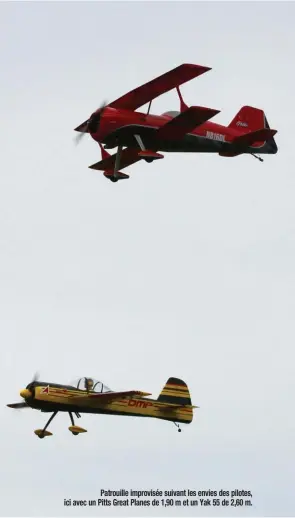  ??  ?? Patrouille improvisée suivant les envies des pilotes, ici avec un Pitts Great Planes de 1,90 m et un Yak 55 de 2,60 m.