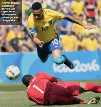  ??  ?? Neymar esquiva la salida del portero Luis López antes de marcar su primer gol a los 14 segundoS.