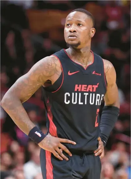  ?? SENTINEL JOHN MCCALL/SOUTH FLORIDA SUN ?? Heat guard Terry Rozier watches during a game against the Phoenix Suns at Kaseya Center on Monday in Miami.
