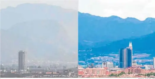  ?? MARCIAL GUILLÉN / EFE ?? Comparativ­a de la vista del aire en la ciudad de Murcia a finales de febrero (izquierda) y finales de abril (derecha).