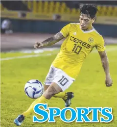  ?? CERES NEGROS FC ?? Jose Elmer “O.J.” Porteria (10) took up the cudgels for Ceres Negros to defeat Stallion Laguna in their 2018 Philippine­s Football League match at the Panaad Park and Stadium in Bacolod City on Wednesday, June 27.