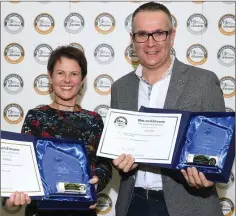  ??  ?? Miena Rust, winner of a gold award for her Dunnes Stores Simply Better Irish Handmade Almond and Pistachio Nougat and a silver award for her Dunnes Stores Simply Better Irish Handmade Almond and Coconut Nougat , with Diarmuid Murphy from Dunnes Stores.